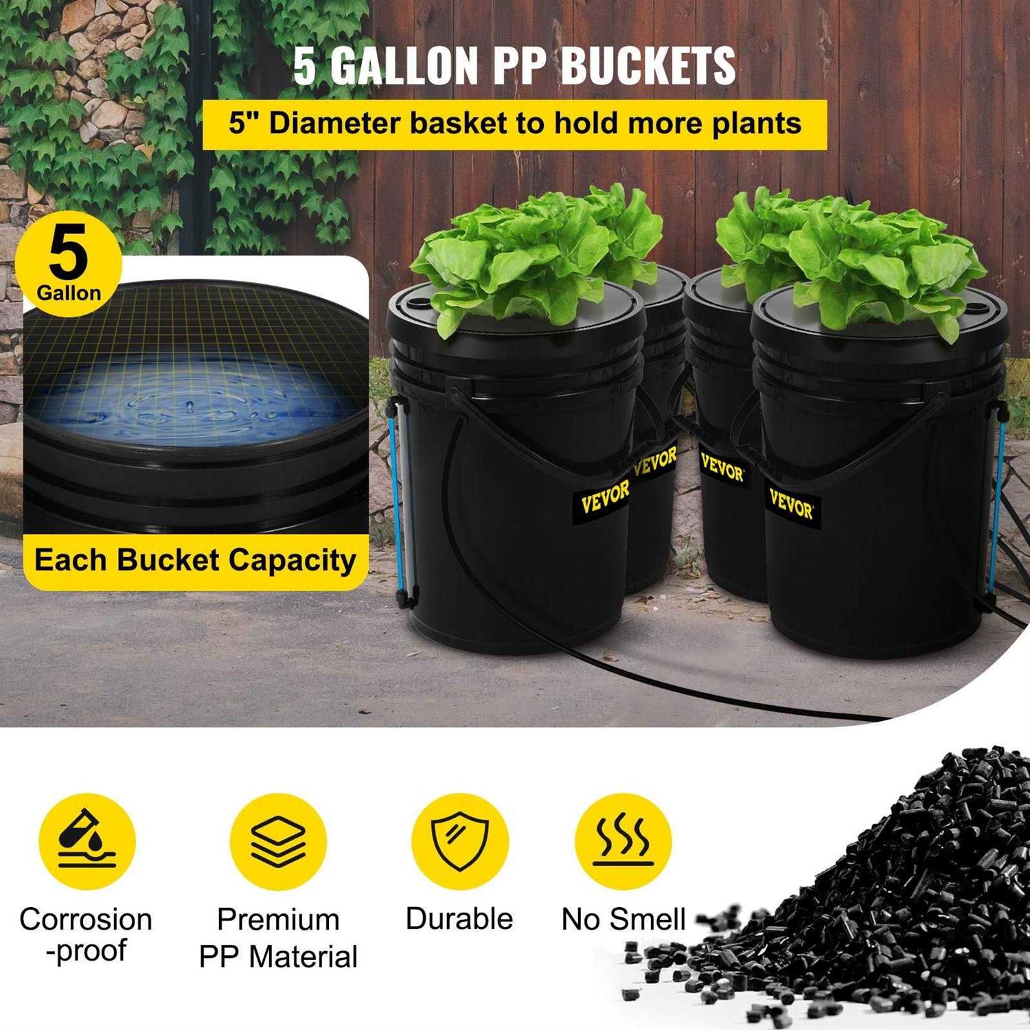 VEVOR DWC Hydroponic System 5 Gallon 4-8 Buckets Deep Water Culture Growing Bucket Hydroponics Grow Kit