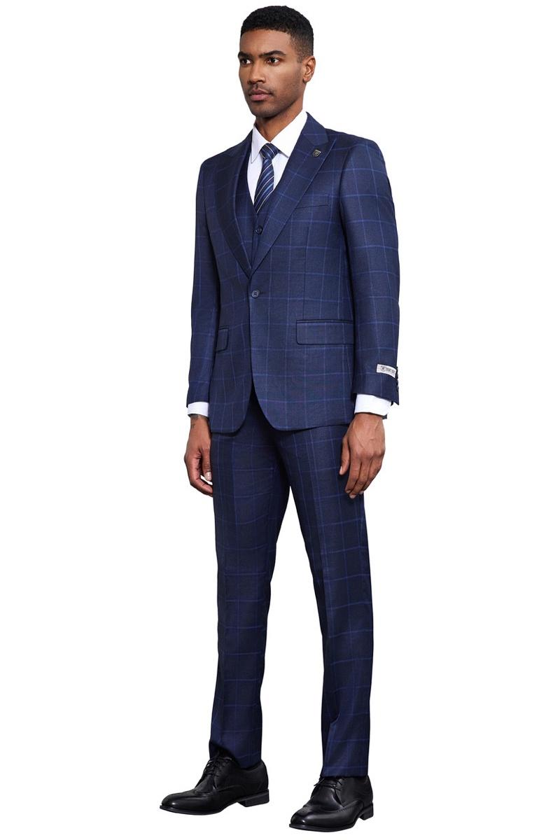 Men’s Stacy Adams Classic One Button Vested Windowpane Suit in Navy Blue