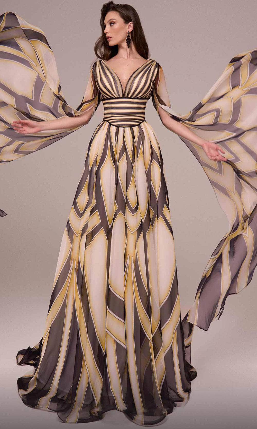 Printed Long Cape Sleeve Evening Gown