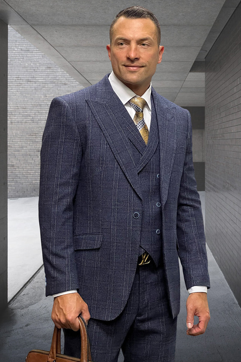 Men’s Designer Wool Peak Lapel Suit in Muted Navy Blue Widowpane Plaid