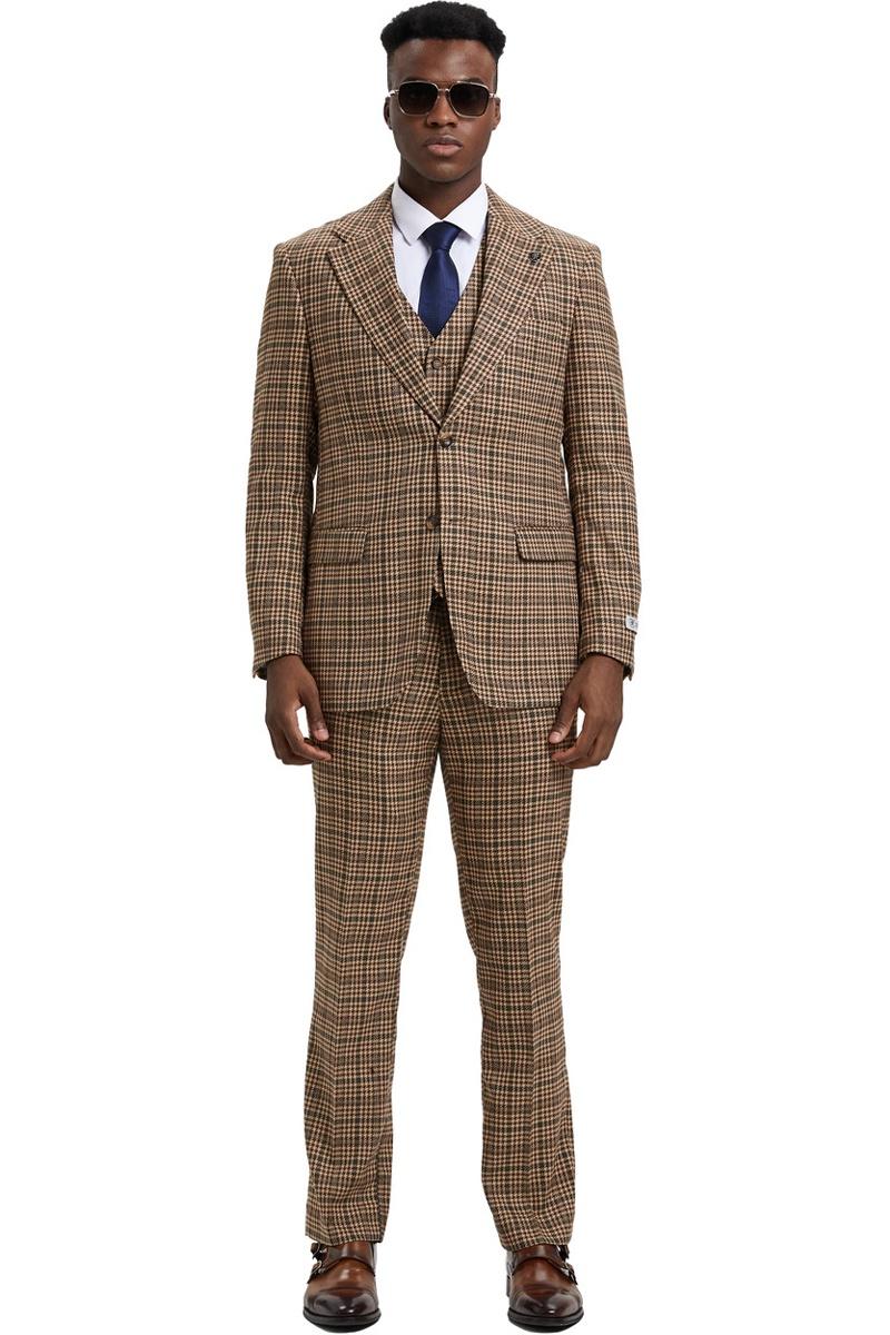 Men’s Stacy Adams Vested Modern Fit Houndstooth Glen Plaid Suit in Camel & Green