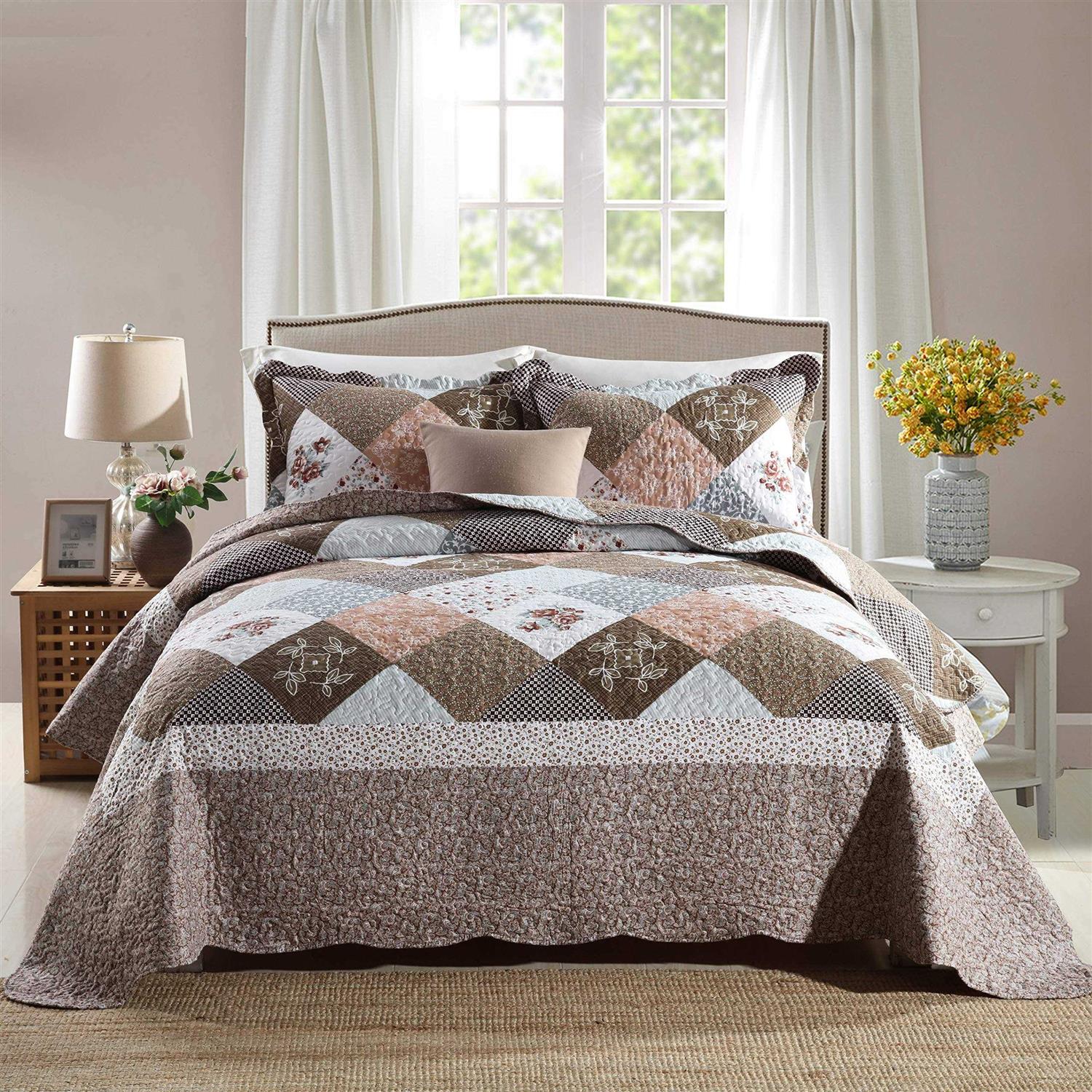 Travan 3-Piece Bedspread Quilt Set Oversized Reversible Quilted Bedding Cotton Coverlet Set with Shams
