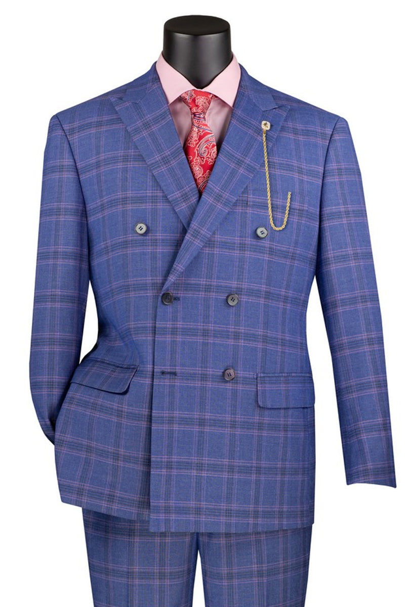 Men’s Modern Fit Double Breasted Stretch Suit in Blue Glen Plaid