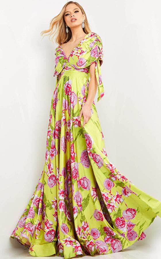 04176 Ruched Sleeve Printed Flowy Dress