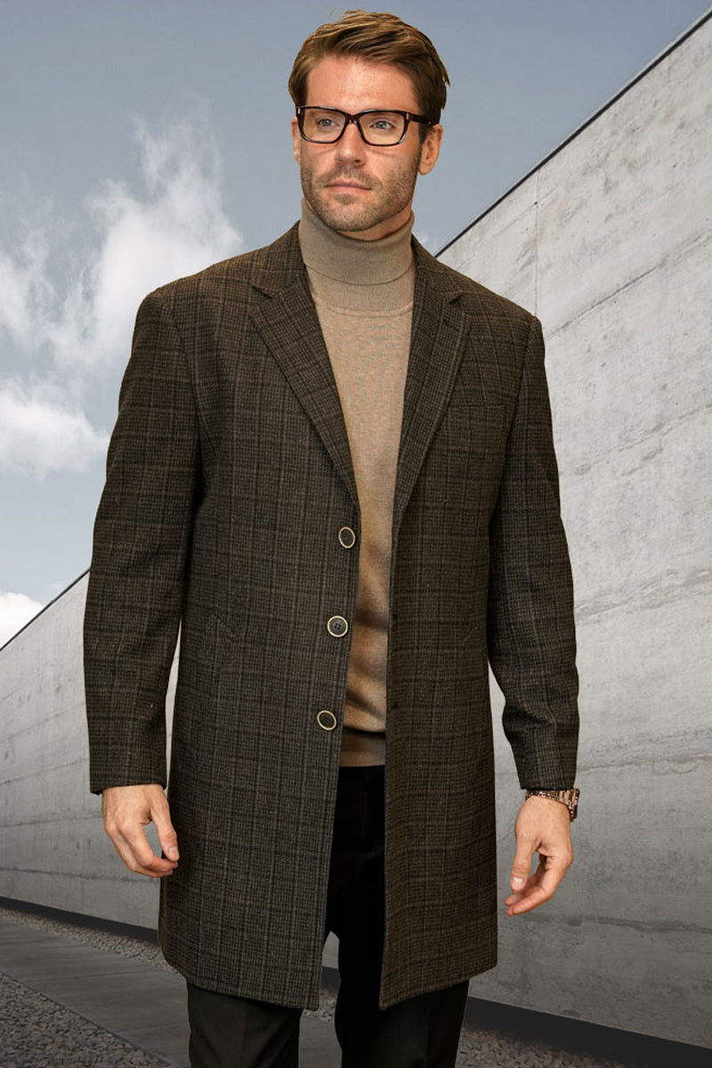 Men’s Designer 100% Wool Winter Car Coat in Brown Plaid