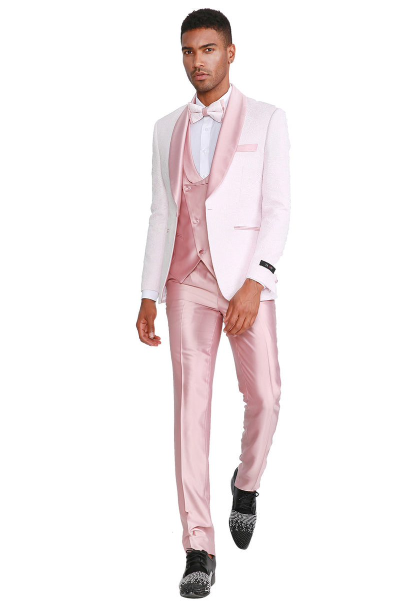 Men’s One Button Vested Paisley Prom & Wedding Tuxedo with Satin Vest and Pants in Pink