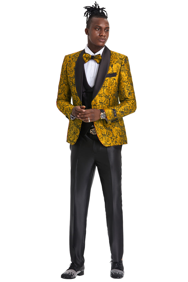 Men’s One Button Slim Fit Shiny Paisley Floral Vested Prom Tuxedo in Gold