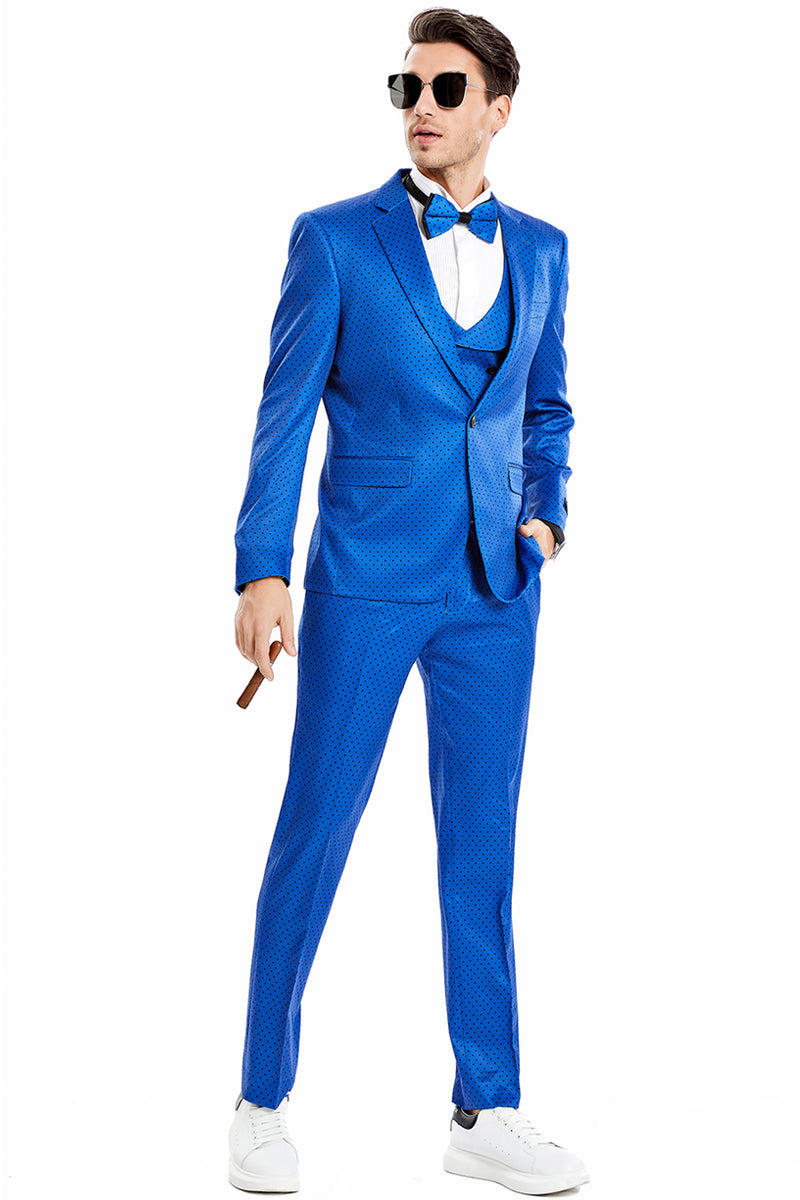 Men’s One Button Vested Mini Polka Dot Prom Suit in Royal Blue & Black