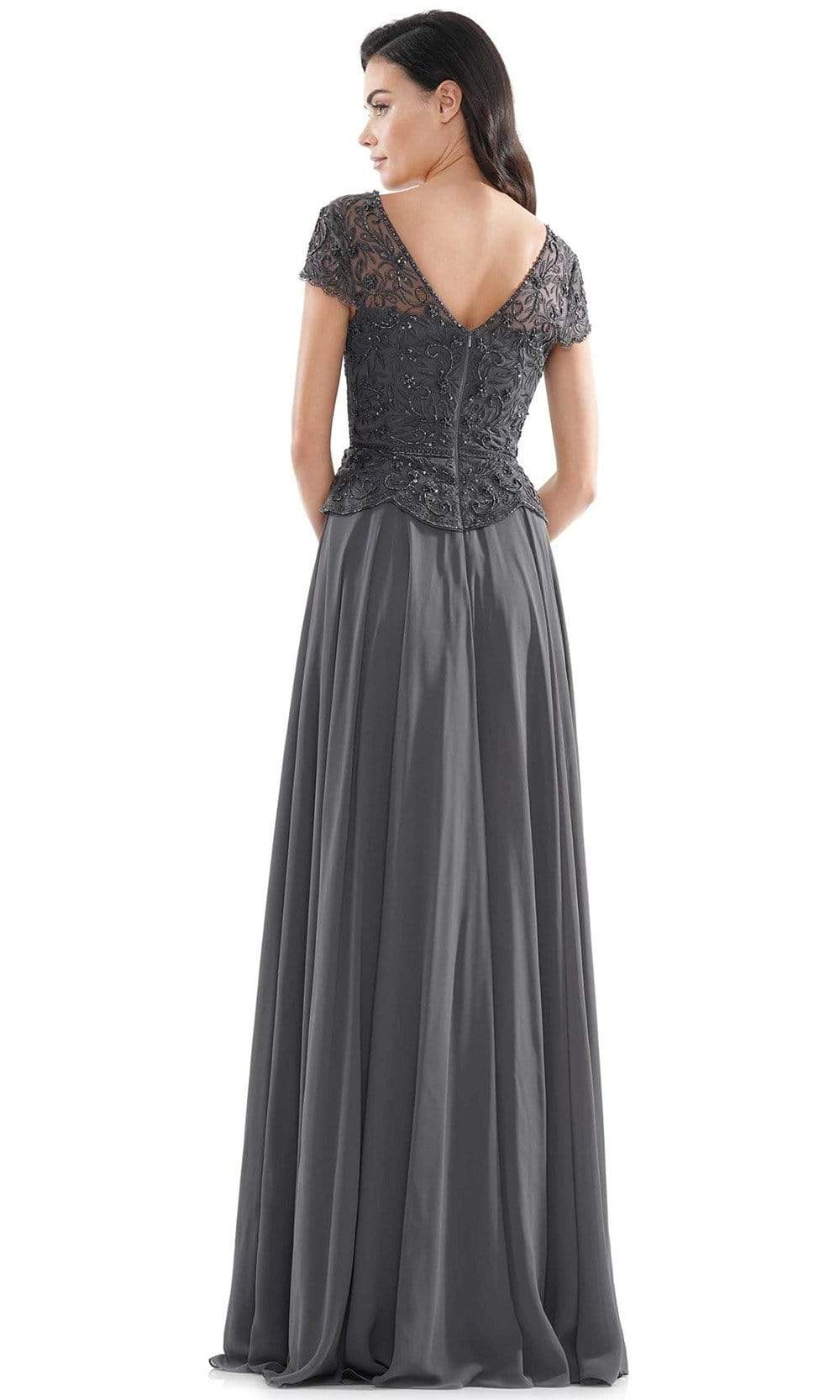 M243 Short Sleeve Embroidered Peplum Chiffon Gown