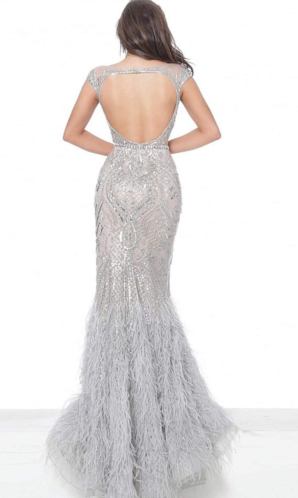 00880 Metallic Ornate Feather-Fringed Flare Gown