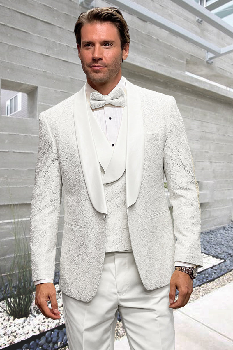 Men’s Designer Vested Floral Lace Wedding Tuxedo in White