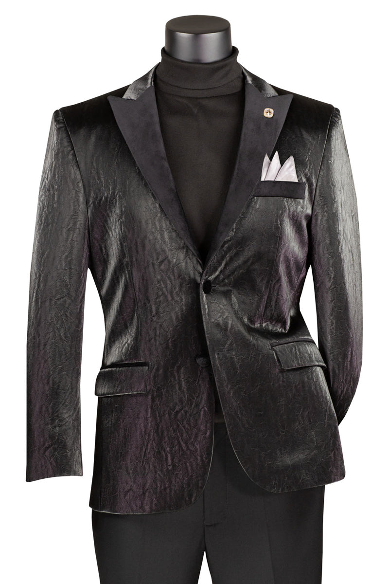 Men’s Two Button Peak Lapel Vegan Leather Blazer in Black