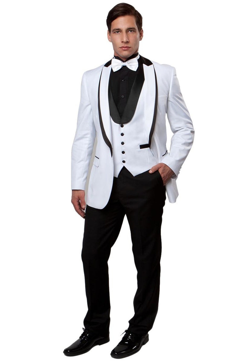 Men’s One Button Satin Trimmed Peak Lapel Vested Fancy Tuxedo in White