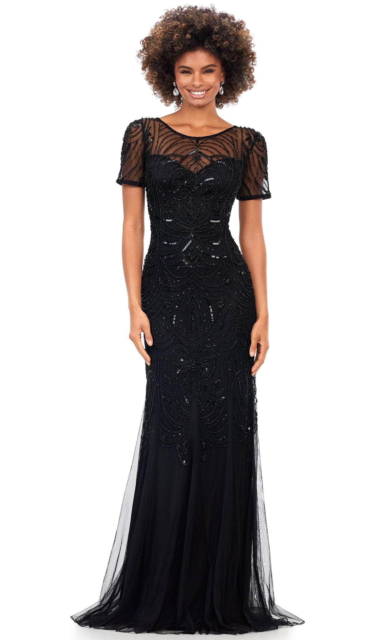 Short Sleeve Beaded Evening Gown