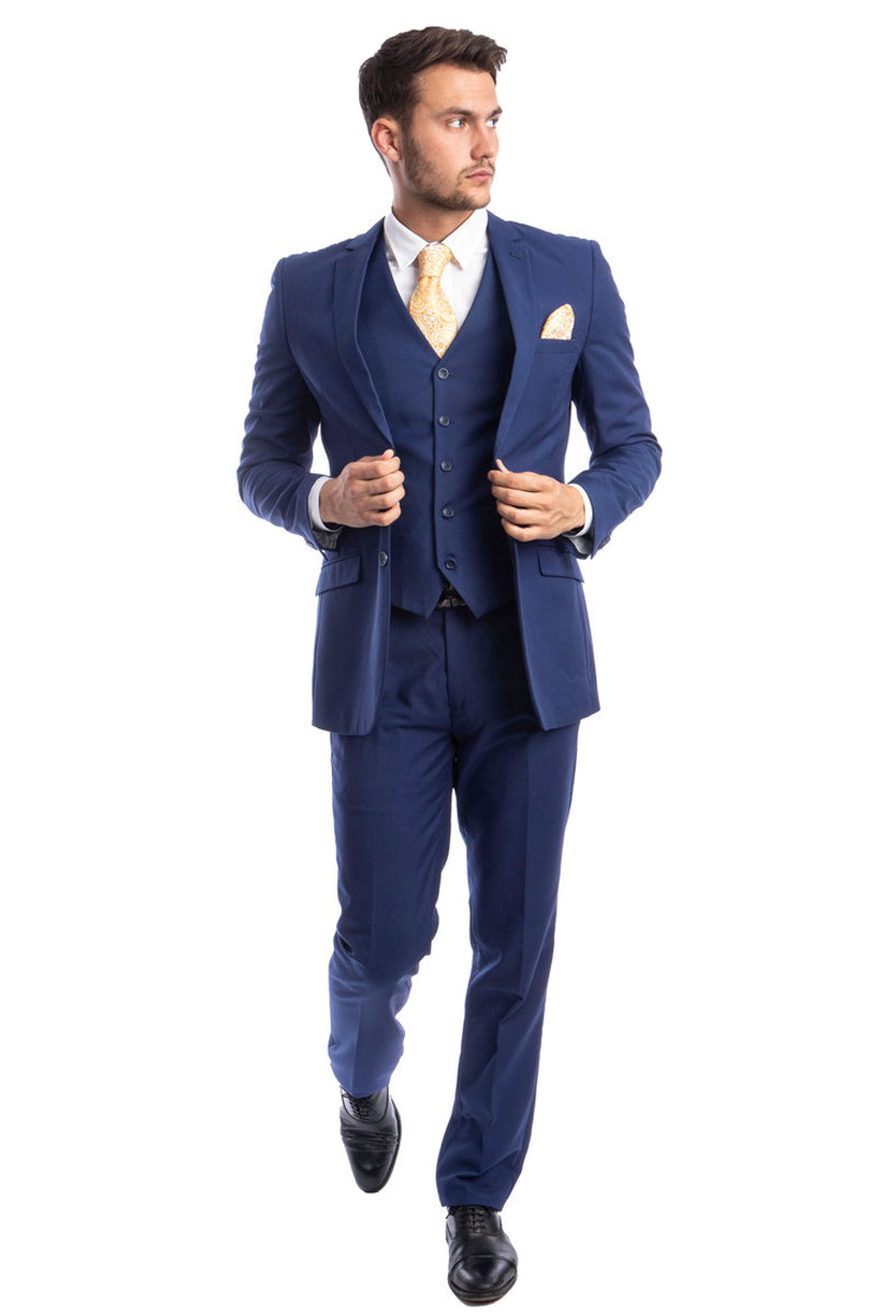 Men’s Two Button Basic Hybrid Fit Vested Suit in Indigo Blue