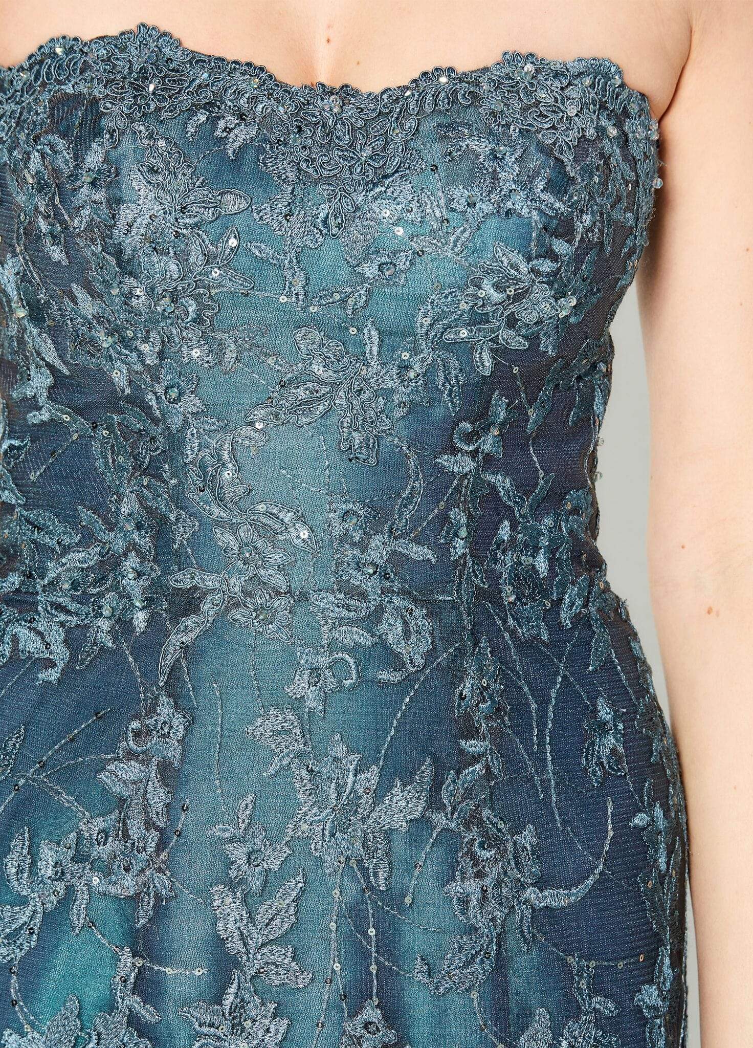 219979 Embroidered Lace Illusion Trumpet Dress