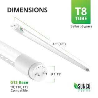 Sunco Lighting Sunco T8 LED 4ft Tube Light Bulbs Ballast Bypass Fluorescent replacement