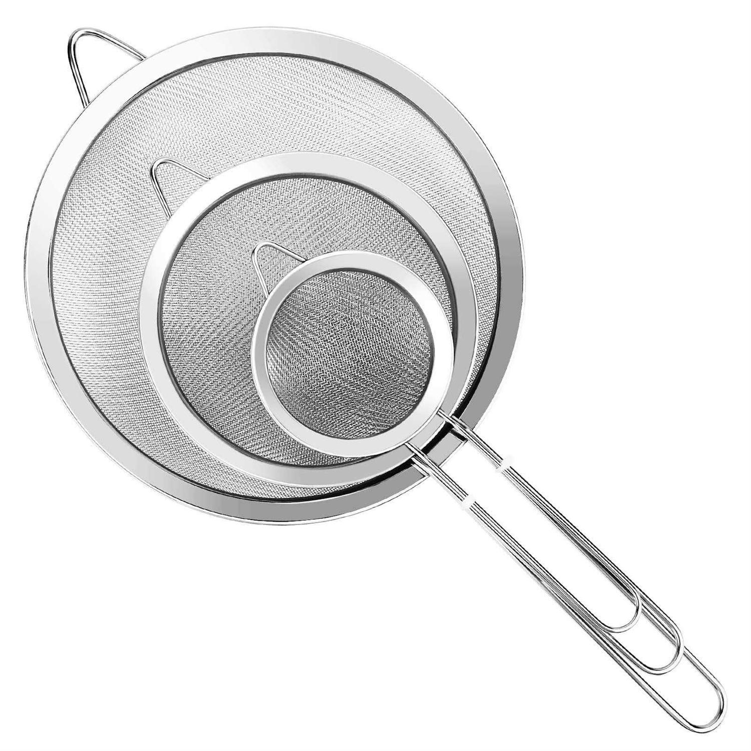 3 Pcs Super Wire Extra Fine Mesh Strainer with Handle Small Medium Large Size Sifter Metal