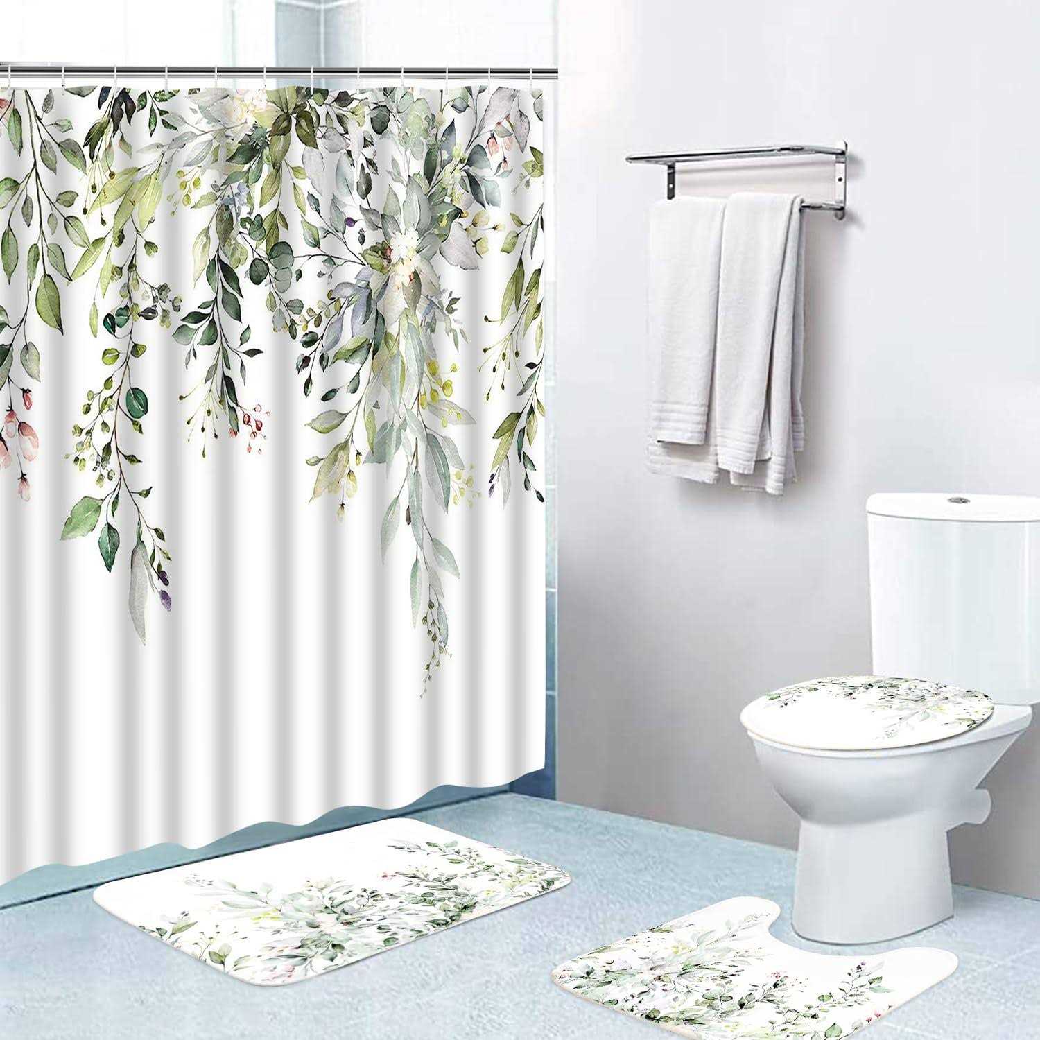 4Pcs Sage Green Eucalyptus Shower Curtain Set, Bathroom Sets with Shower Curtain and Rugs