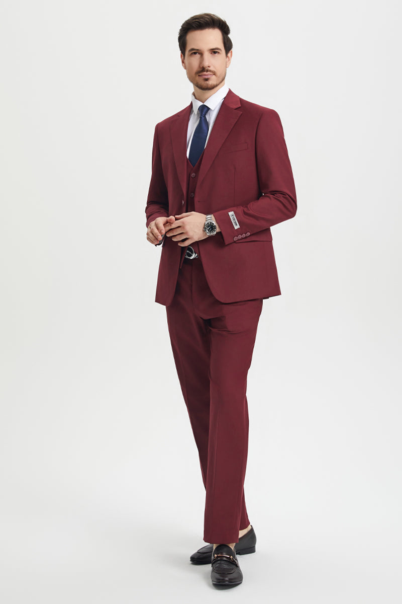 Men’s Two Button Vested Stacy Adams Basic Designer Suit in Burgundy