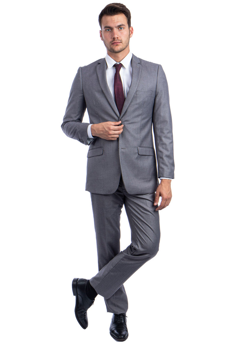 Men’s Two Button Basic Hybrid Fit Vested Suit in Grey