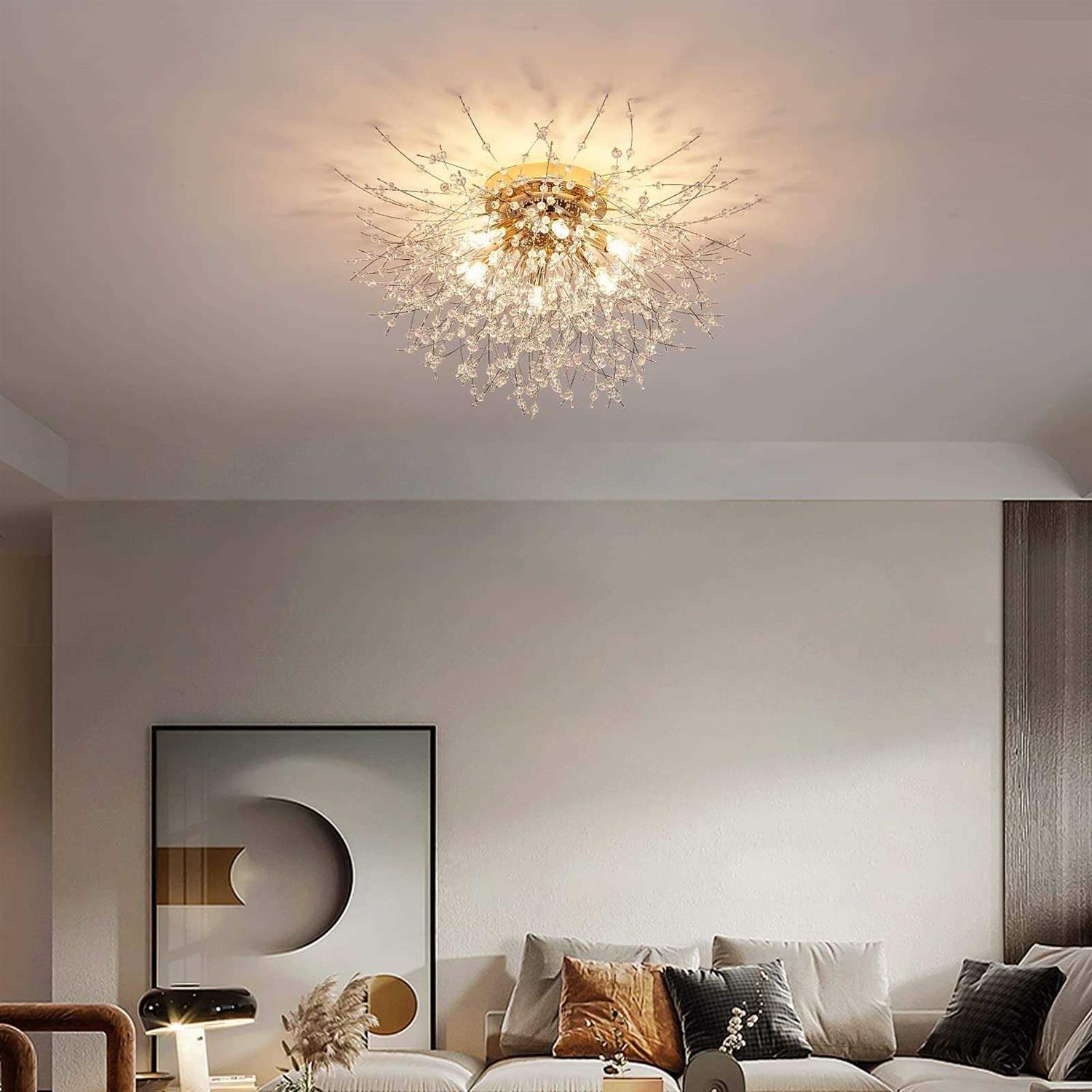 6-Light Sputnik Flush Mount Ceiling Light Fixture Modern Gold Crystal Firework Ceiling Lights