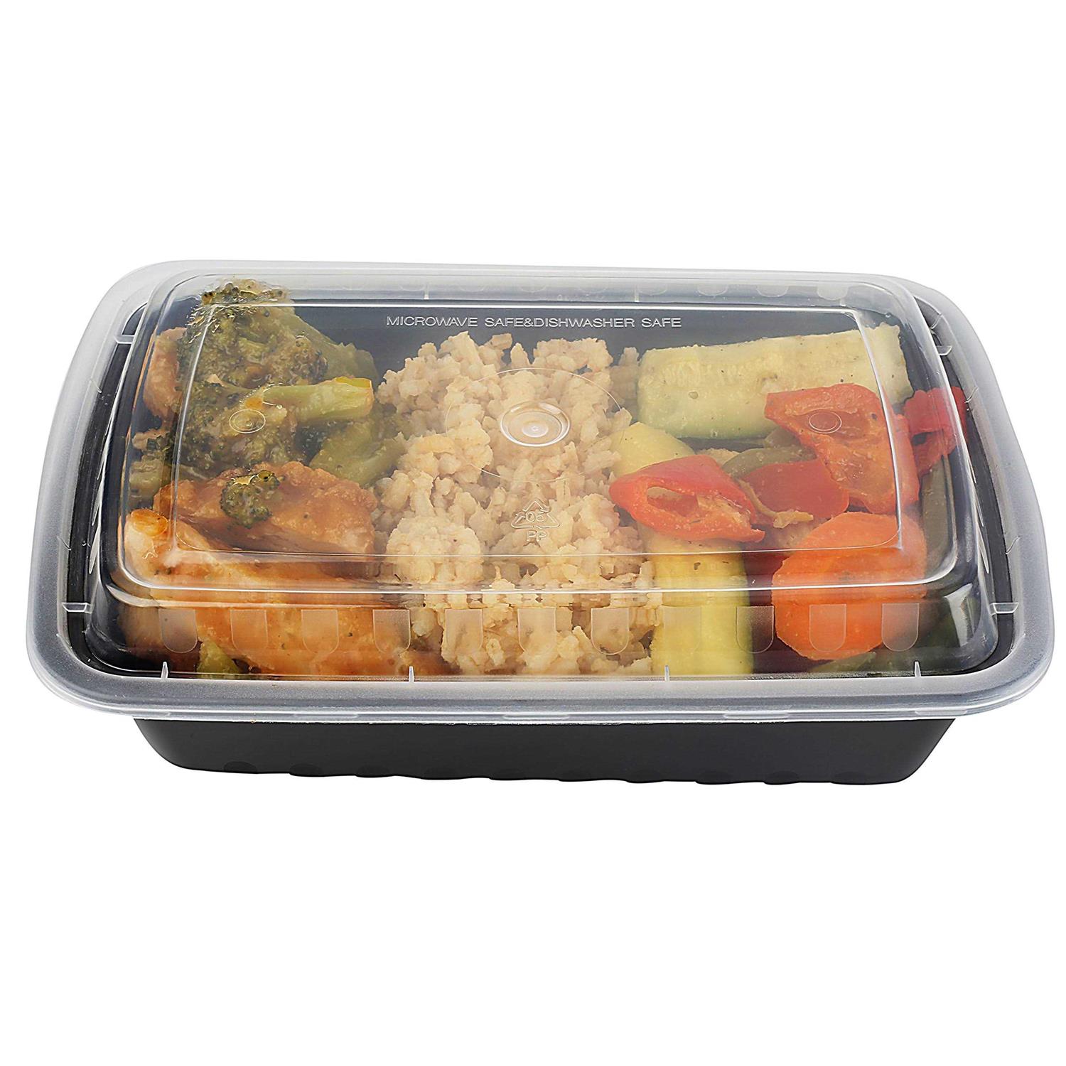 50-pack Meal Prep Plastic Microwavable Food Containers For Meal Prepping With Lids 28 oz. 1 Compartment Black Rectangular Reusable Storage Lunch Boxes
