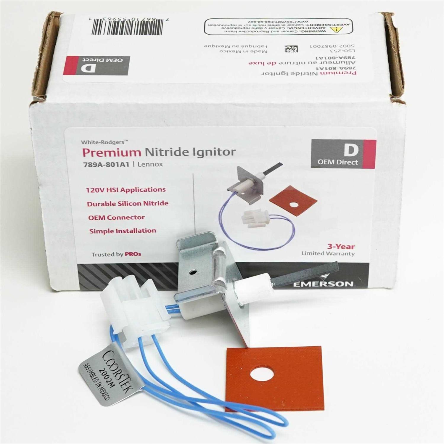 White Rodgers Hot Surface Ignitor-Nitride 120V Lennox OEM Direct Replacement 789A-801A1