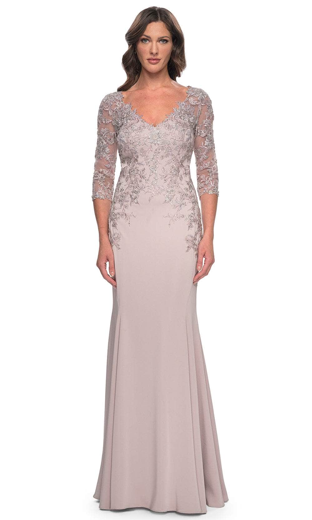 Lace Applique Quarter Sleeve Evening Gown