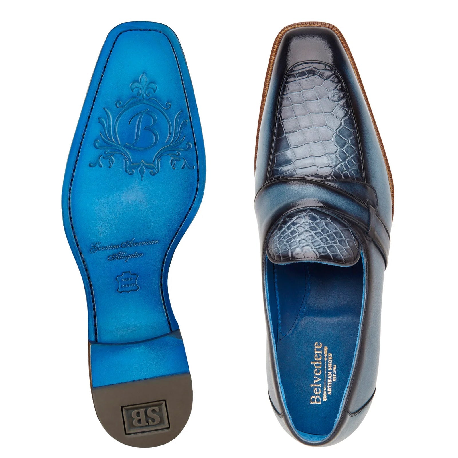 Men’s Belvedere Tornado Alligator & Calfskin Slip On Dress Loafer in Blue Jean