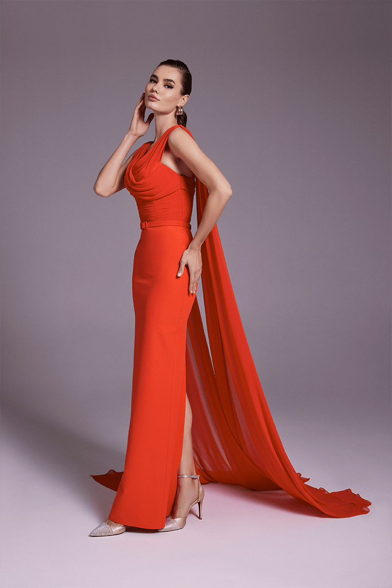 Shoulder Drape Crepe Gown