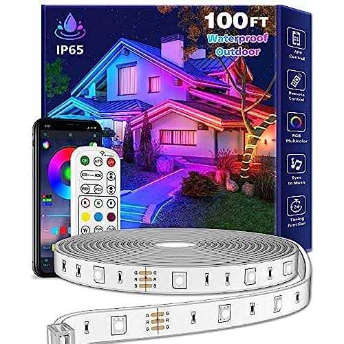 aulimhti 100ft outdoor led strip lights waterproof,music sync rgb ip65 outside led light strips waterproof with app and remot