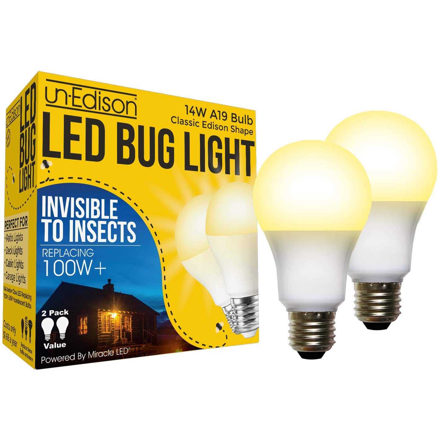 Un-edison A19 Led Bug Light Replaces 100w Yellow Spectrum E26 Medium Outdoor Bulb for Porch Patio & Deck