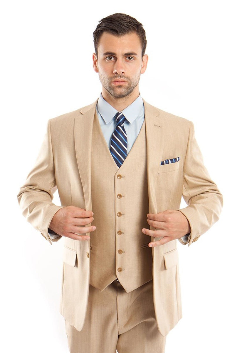 Men’s Two Button Vested Textured Sharkskin Business Suit in Light Beige