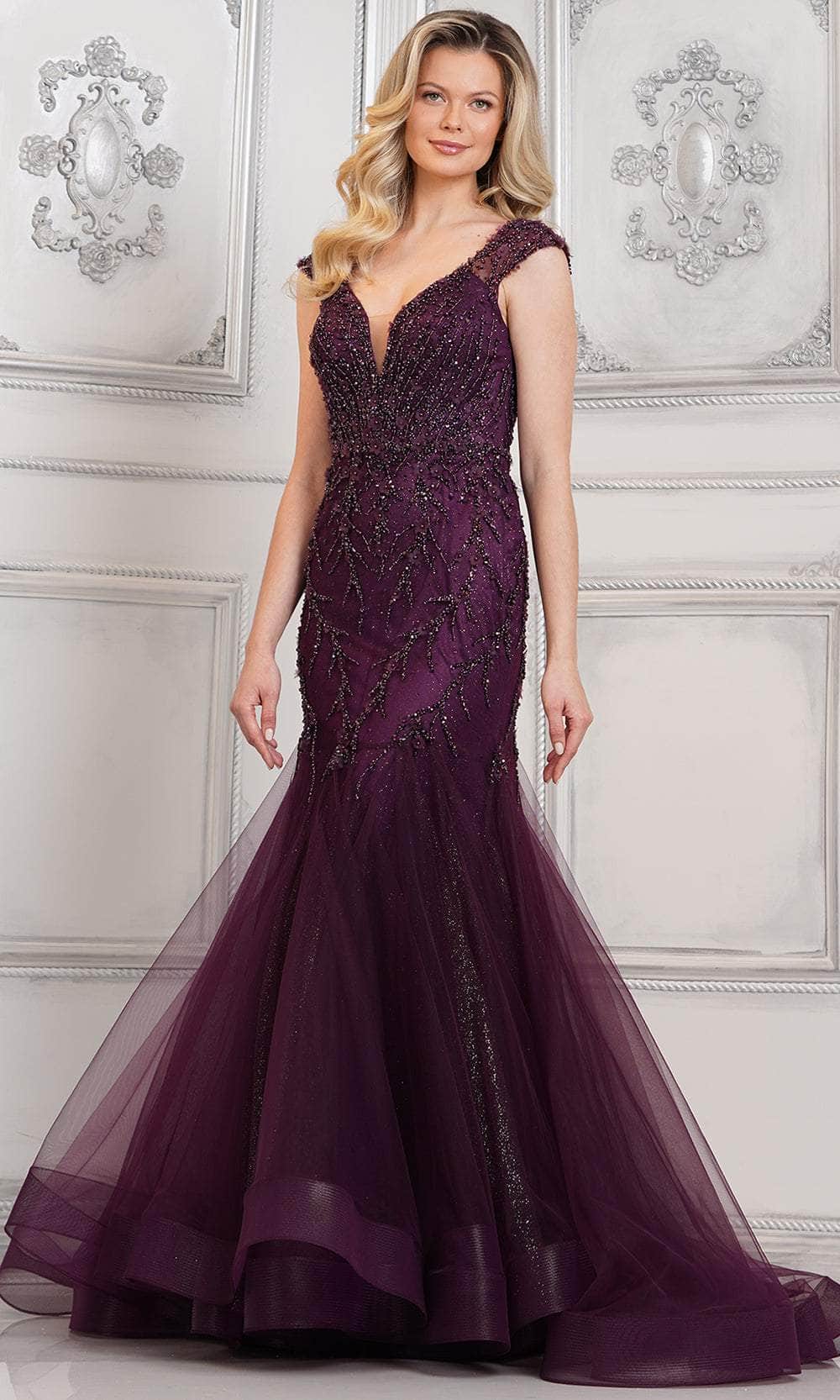 Sheer Cap Sleeve Beaded Formal Gown