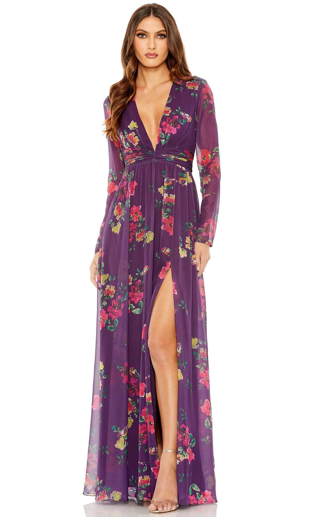 Long Sleeve Plunging Neck Long Dress