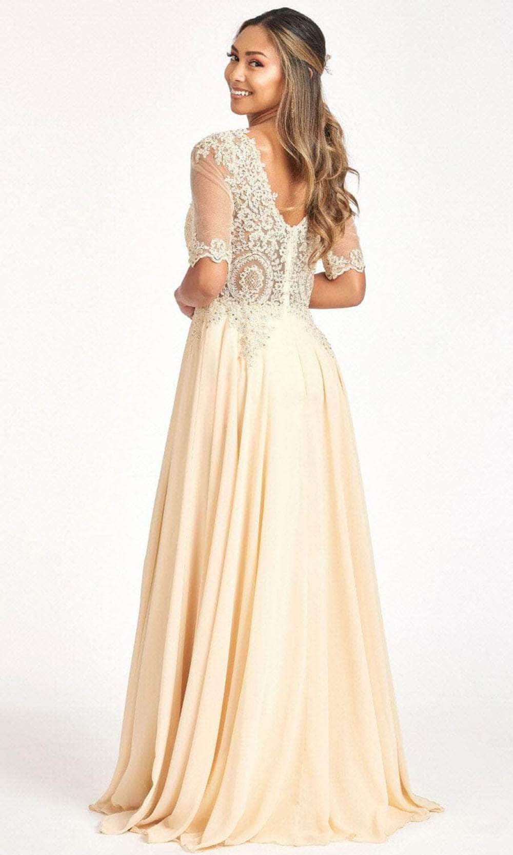 Applique-Ornate Quarter Sleeve Evening Dress