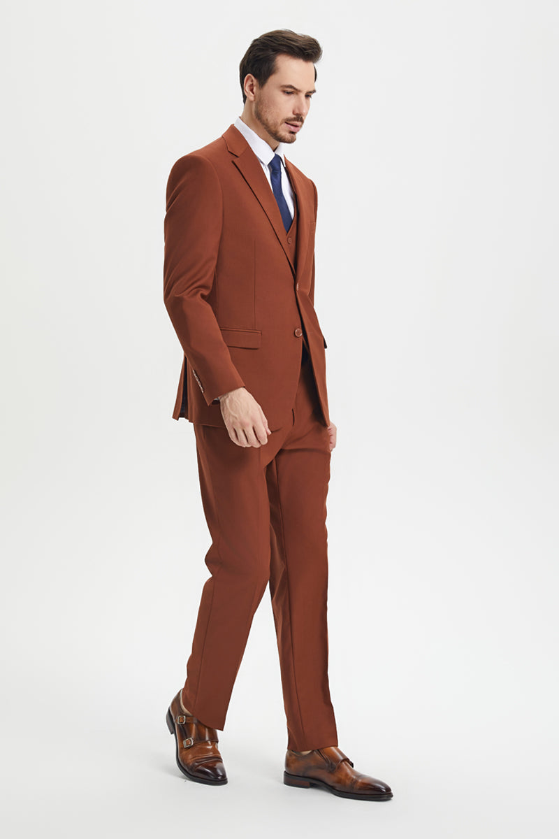Men’s Two Button Vested Stacy Adams Basic Designer Suit in Brown Rust