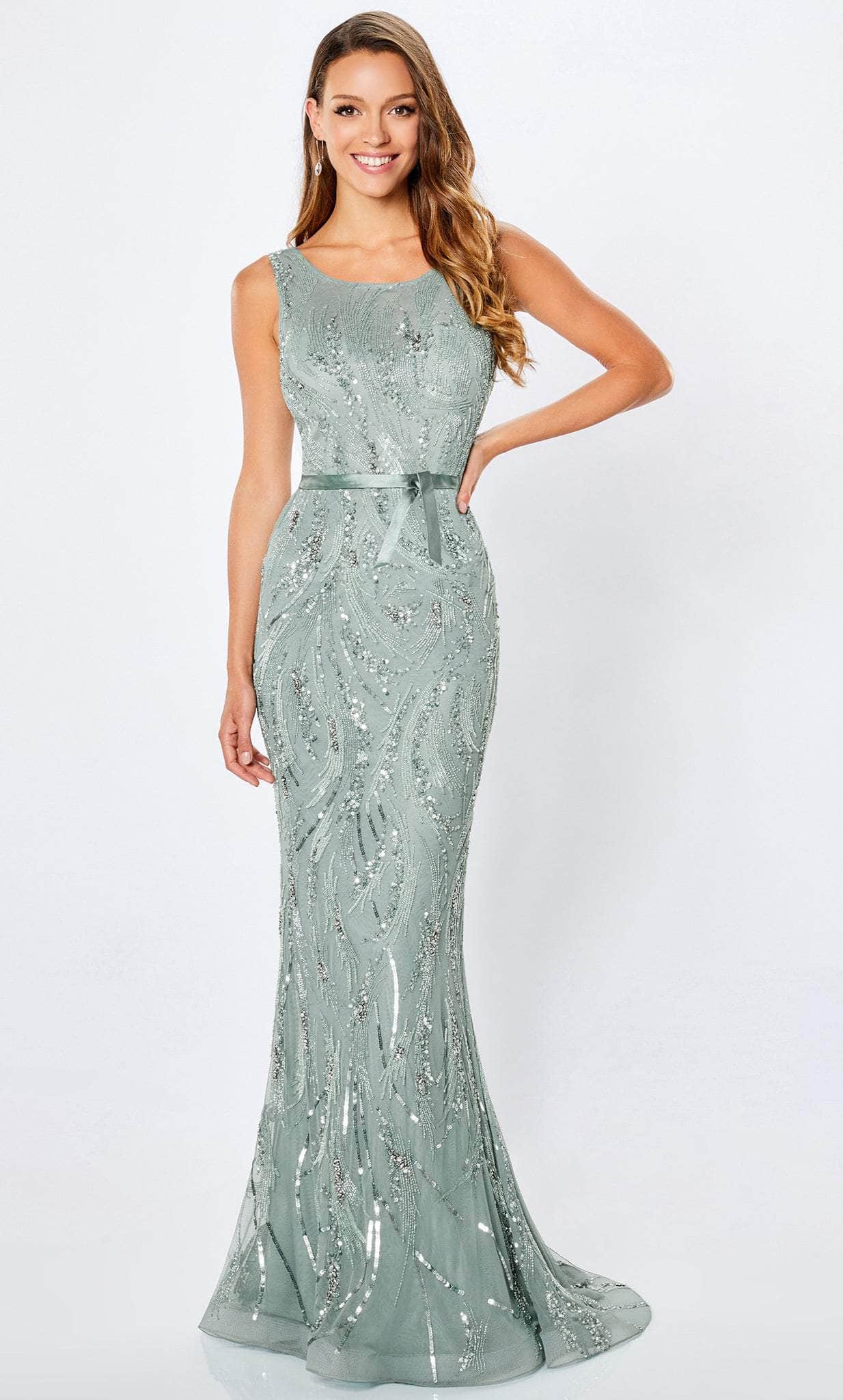 V Back Bedazzled Sheath Gown
