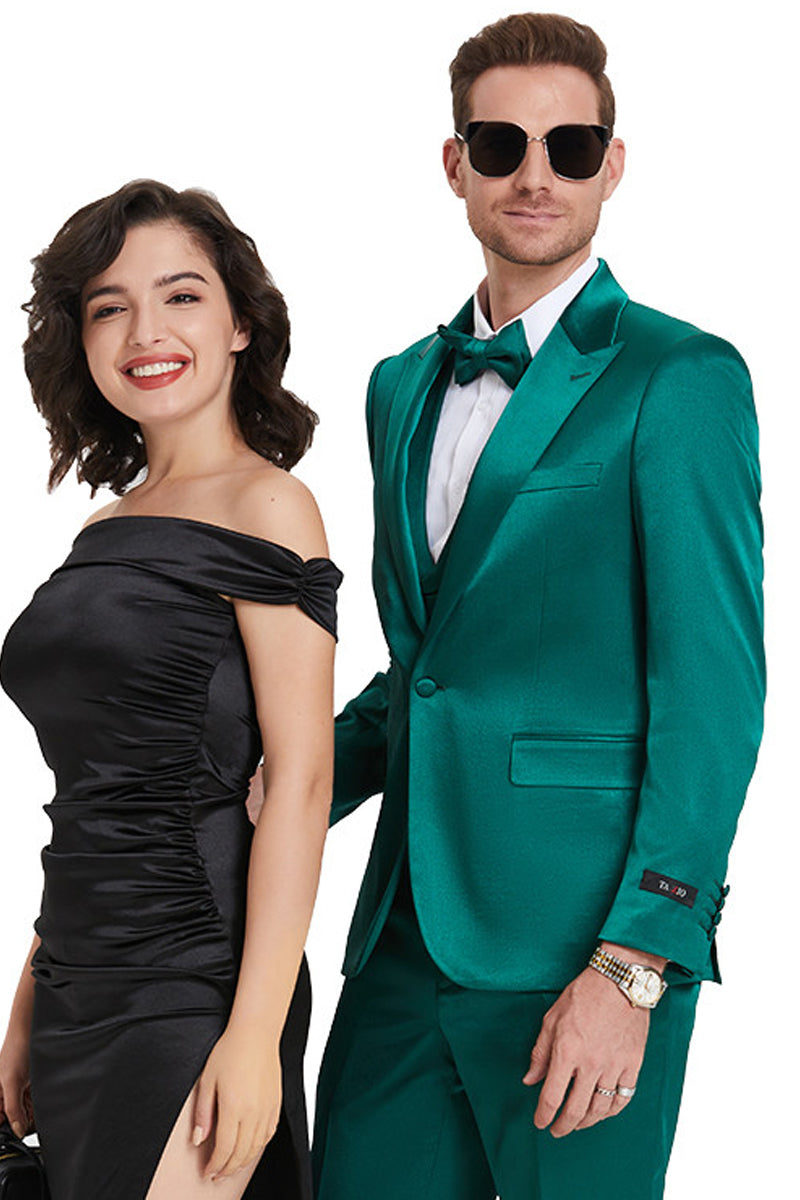 Men’s One Button Vested Shiny Satin Sharkskin Prom & Wedding Party Suit in Emerald Green