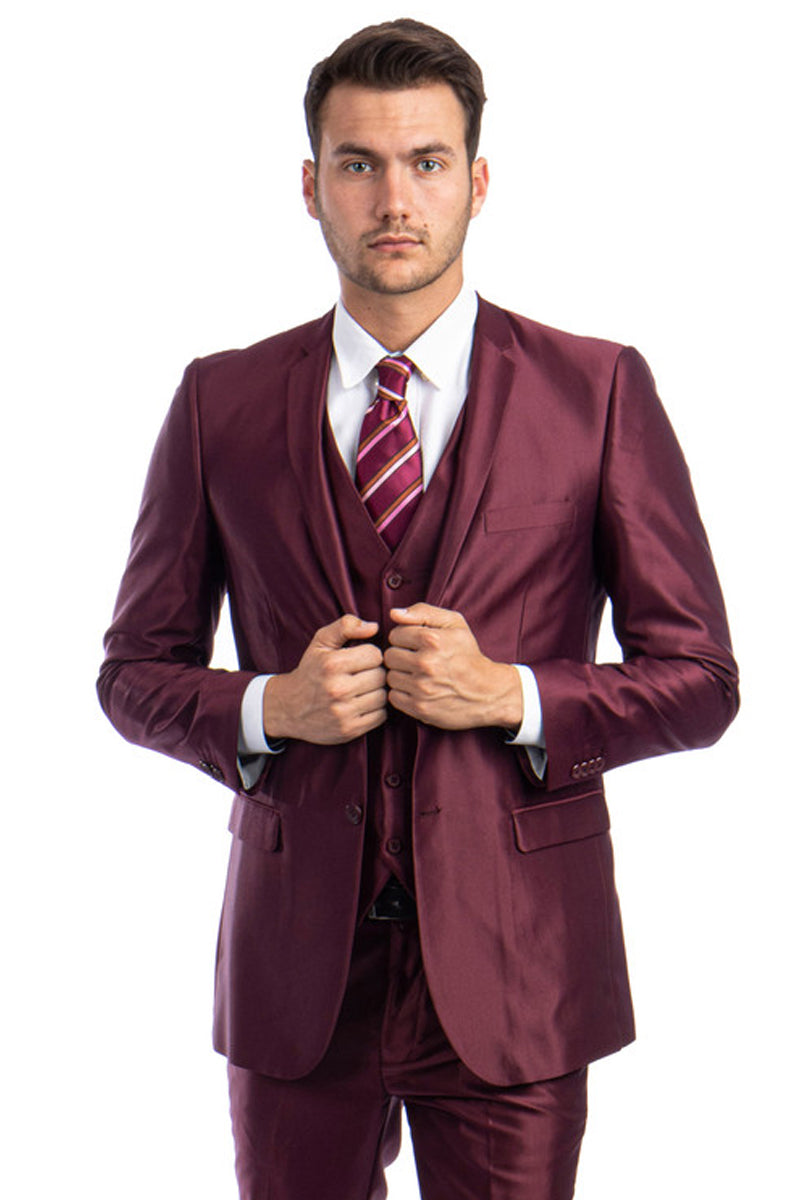 Men’s Two Button Vested Shiny Sharkskin Wedding & Prom Fashion Suit in Burgundy