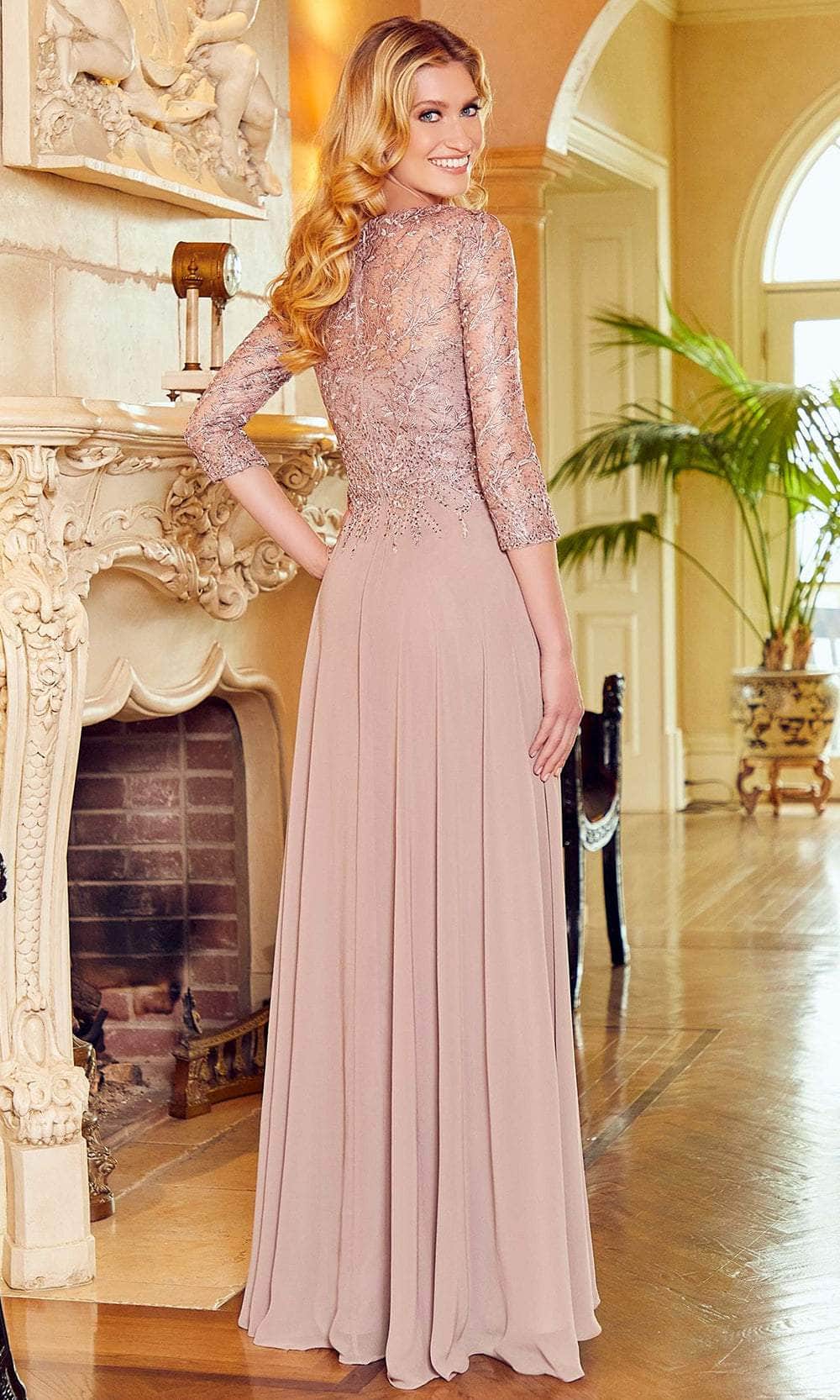 Quarter Sleeve Embellished Fitted Bodice Prom Dress