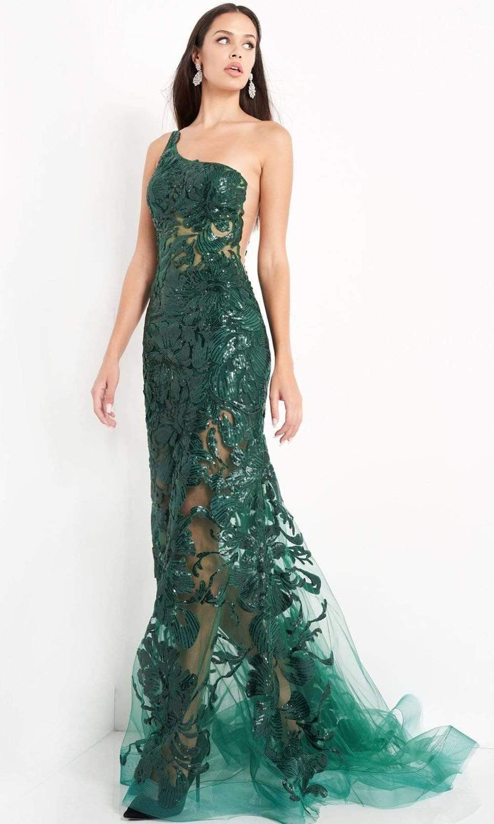 02895 One Shoulder Illusion Simple Prom Mermaid Gown