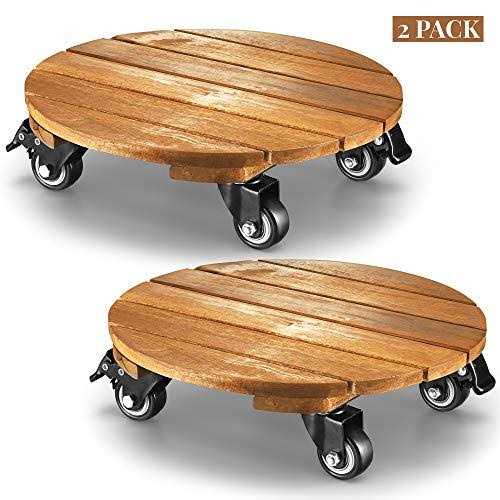 Acacia Wood Plant Caddy Plant Dolly Heavy Duty 12 inches Round Lockable