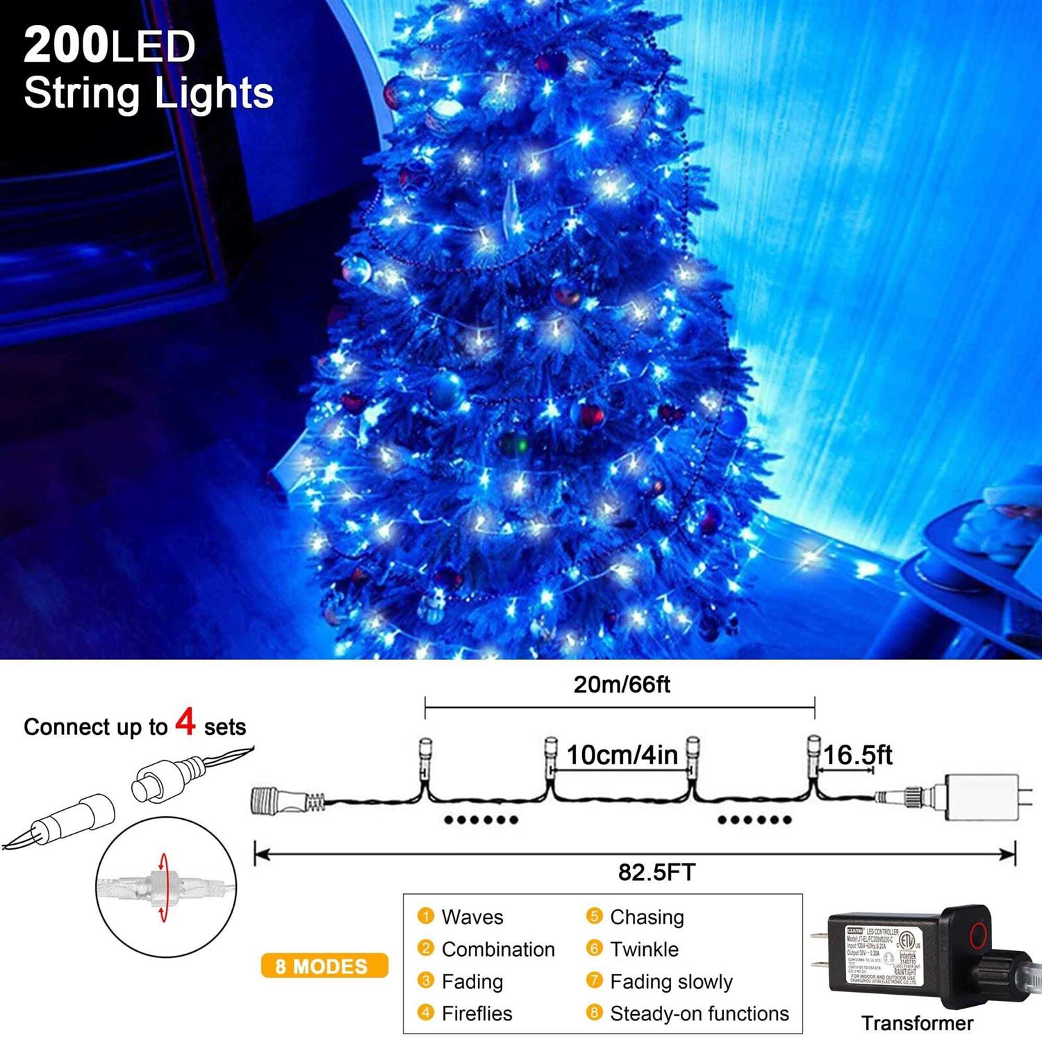 weillsnow 66FT 200 Led Christmas Lights Connectable Plug in 8 Twinkle Modes Outdoor Indoor Lights for Christmas Tree Party Wedding Garden