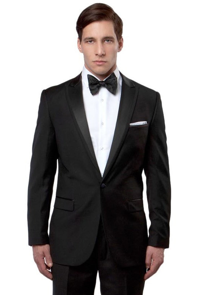 Men’s Slim Fit One Button Satin Trim Peak Lapel Prom & Wedding Tuxedo in Black