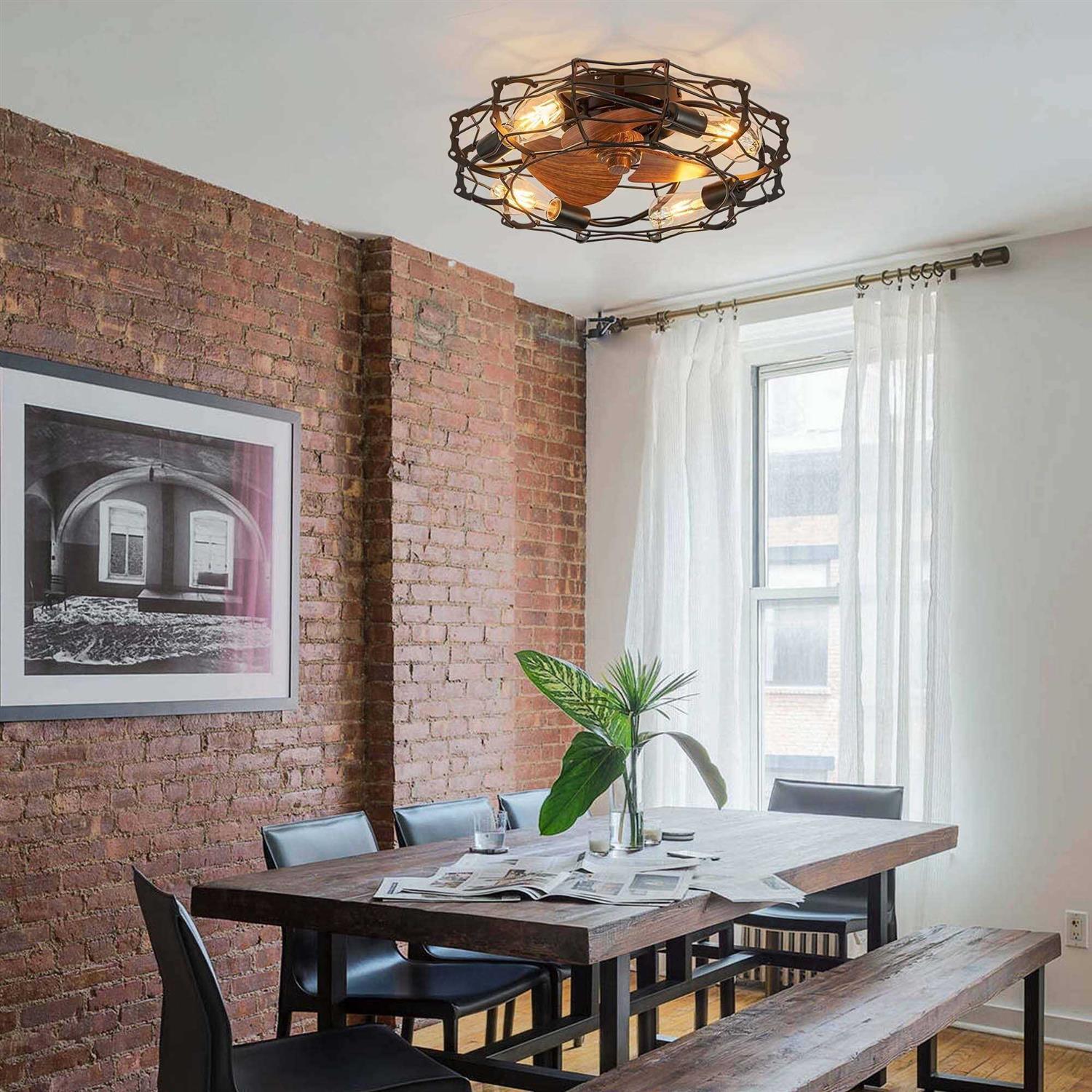 20 in. Flush Mount Ceiling Fan Light with Remote Cage Farmhouse Fandelier Black Wood Low Profile Ceiling Fan