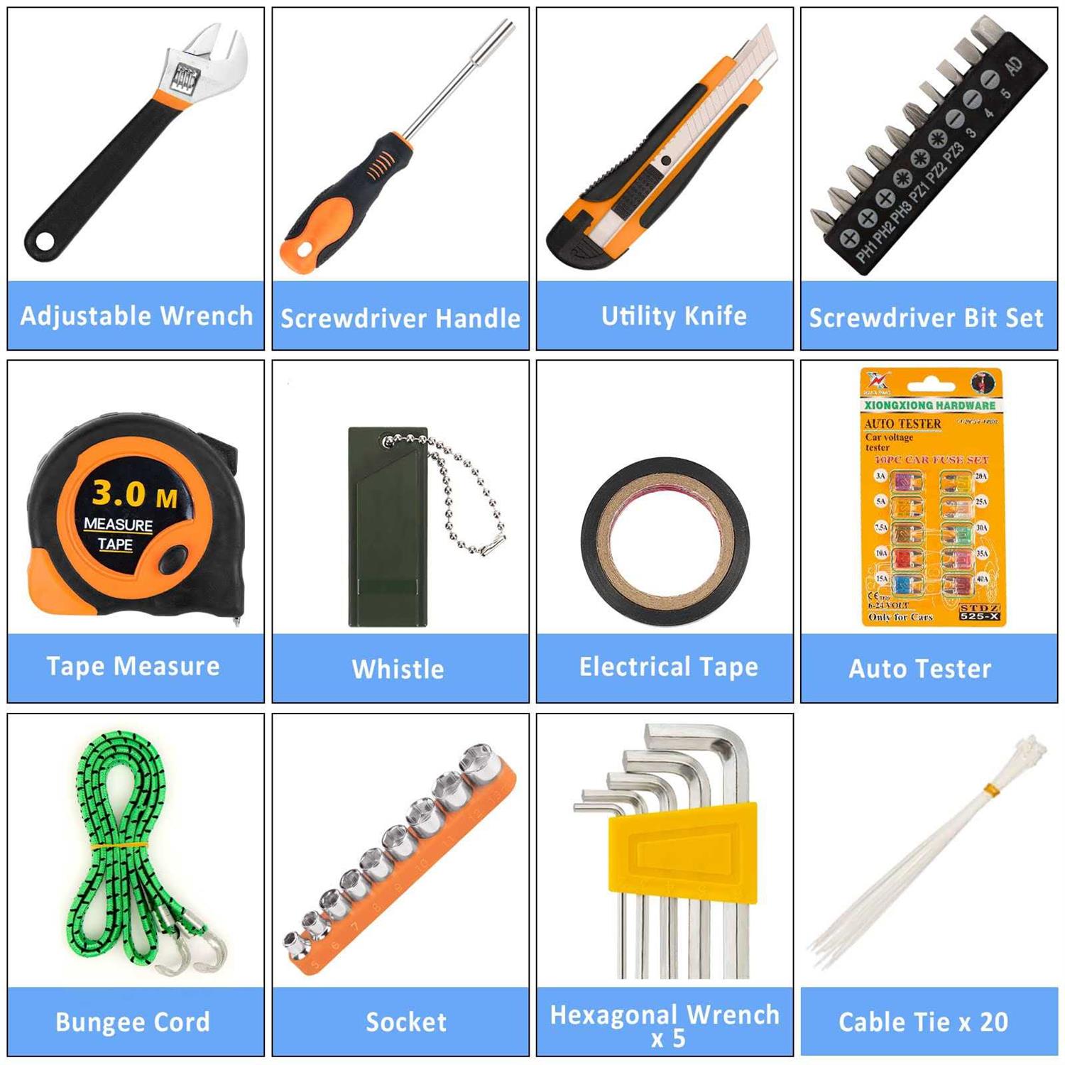 Autodeco 98 Pcs Roadside Car Emergency Assistance Kit with Portable Air Compressor Jumper Cables Safety Hammer All in One Pliers Tool Set