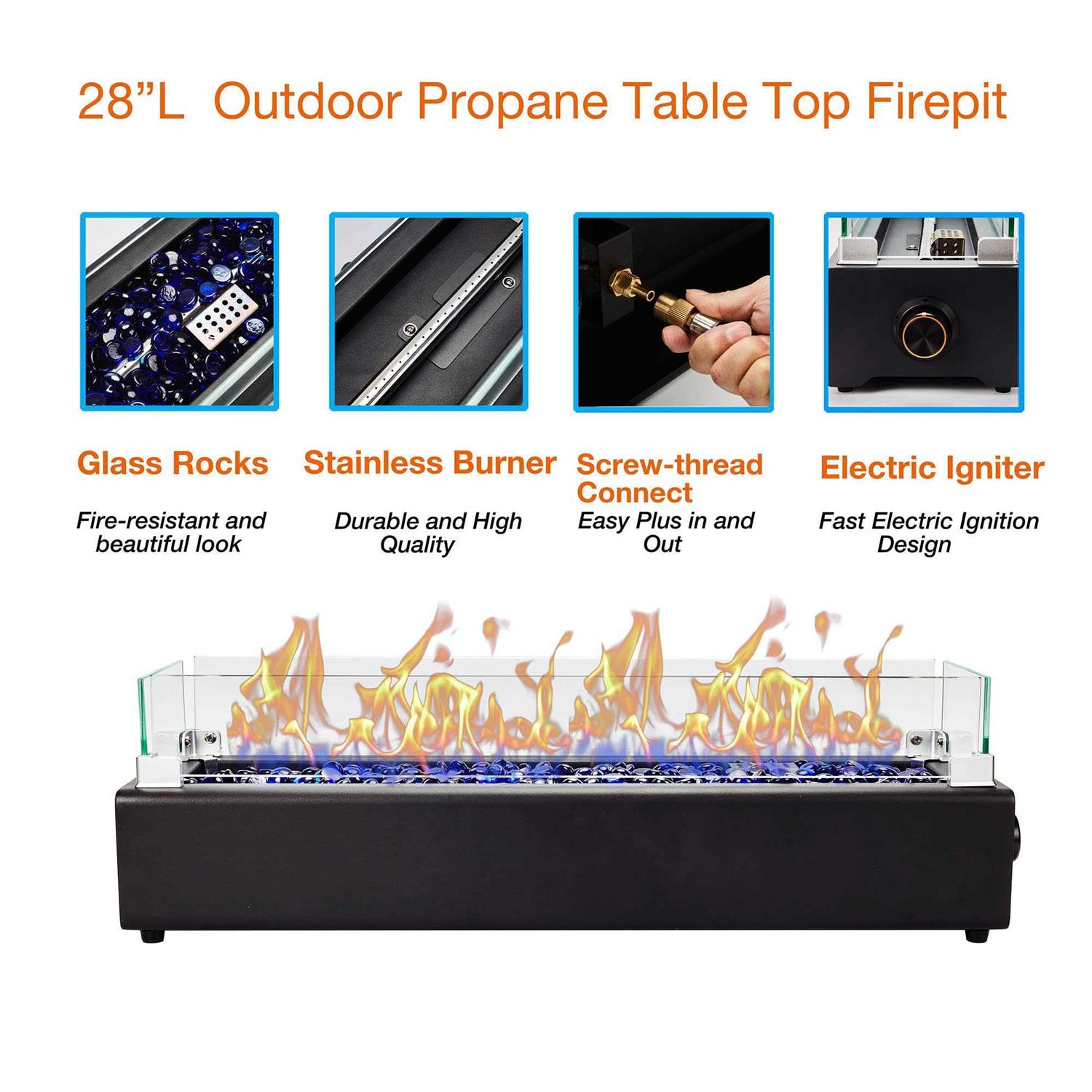 BAIDE HOME 28-inch Table Top Propane Fire Pit 40,000 BTU Tabletop Gas Firepit for Patio