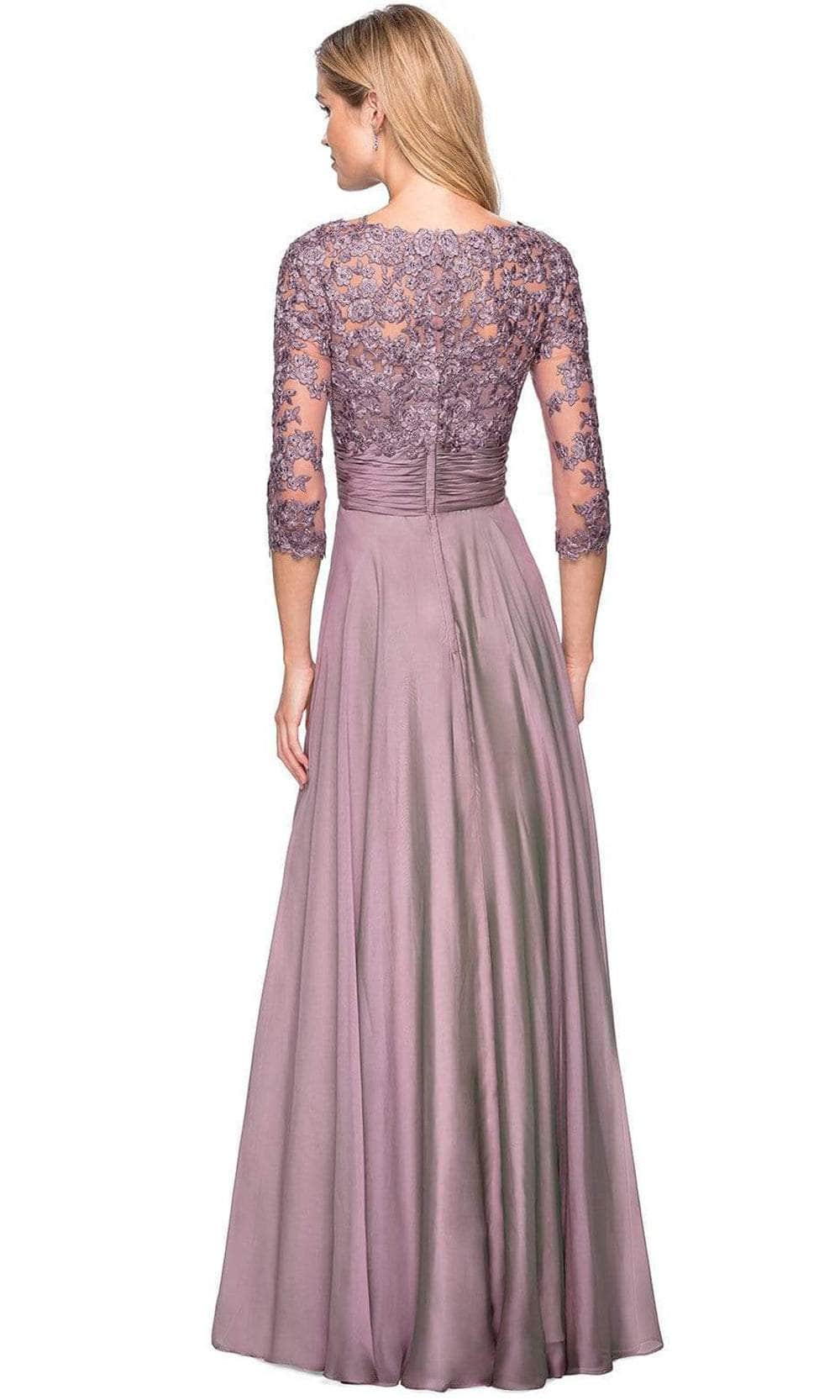 27153 Sheer Lace Quarter Sleeves Empire Waist Chiffon Gown